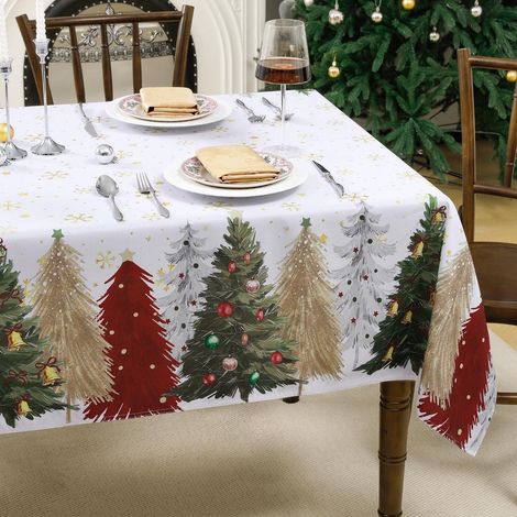 Weihnachts-Tischdecke 140x240 cm abwaschbar mit Weihnachtsbäumen und Schneeflocken