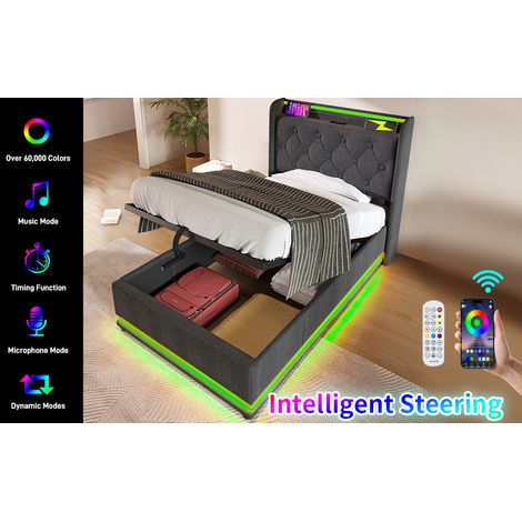 Cama doble 160x200 cm de lino gris con LED y almacenaje, ahorra espacio, sin colchón – MEUBLIV (1/5)
