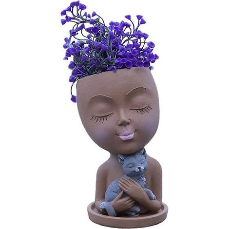 Skandinavische Vase mit Mädchen und Katze, dekorativer Blumentopf, Harzfigur, charmante nordische Handwerkskunst.