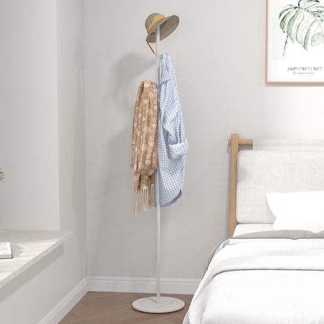 Porte-manteau sur pied avec 6 crochets disques et base en ardoise, en acier blanc, idéal pour l'entrée et la chambre. (1/5)
