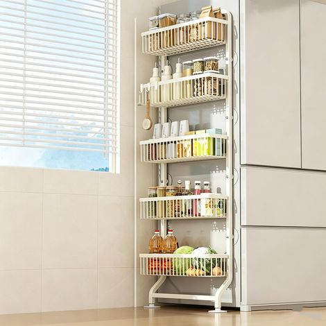 Étagère coulissante mince 5 niveaux pour réfrigérateur, rangement sans perçage blanc, organisateur étroit pour cuisine et garde-manger