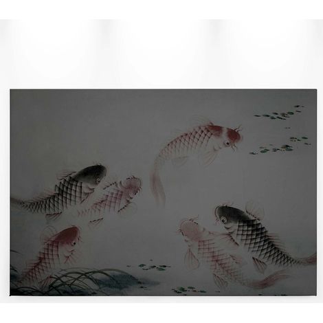 Tableau salle de bain avec poissons japonais | Tableau japonais animaux fond gris | Tableau sur toile gris & rose pour couloir 0,9 x 0,6 m (1/5)