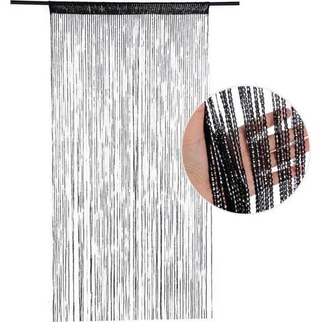 Moustiquaire de porte 100 x 200 cm, rideau de chambre, rideau de porte, rideau de séparation, rideau suspendu à pompons (noir) (1/5)