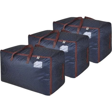 Lot de 3 grands sacs de rangement 105 L - Pour vêtements et déménagement - À pois - Bleu foncé (1/5)