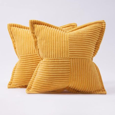 Housse Coussin 45x45 Enfant Jaune Moutarde Motif à Rayures Croisés Housses de Coussin Lot de 2 (1/5)