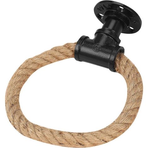 Porte-serviettes mural vintage style industriel, en tuyau de fer et corde de jute, pour salle de bain, toilettes et décoration intérieure. (1/5)