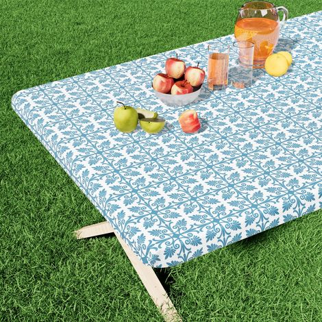 Nappe rectangulaire en Vinyle, Nappe élastique ajustée avec Envers en Flanelle, 100% Plastique imperméable, pour Tables Pliantes de 1,8 m, pour Pique-Nique, Camping, extérieur (Turquoise, 76,2 (1/5)