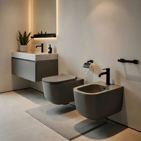 Sanitari sospesi WC e Bidet in Ceramica Copriwater soft-close Ceramiche Dolomite serie ALBA - Grigio Cemento (1/5)
