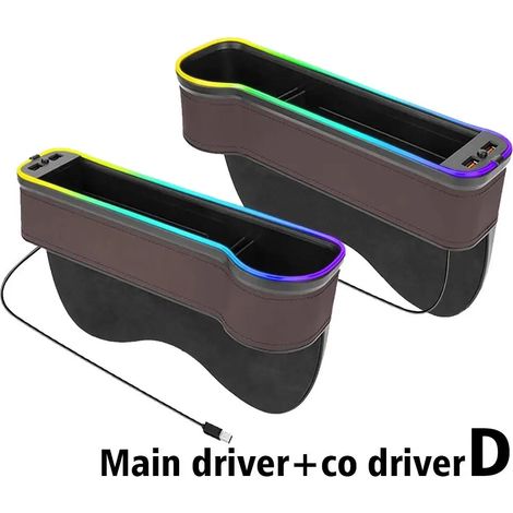(D) Boîte de rangement pour recoins de voiture avec 2 chargeurs USB rapides, lampe d'ambiance LED, organisateur pour combler les espaces entre les sièges de voiture, accessoires intérieurs de voiture (1/5)