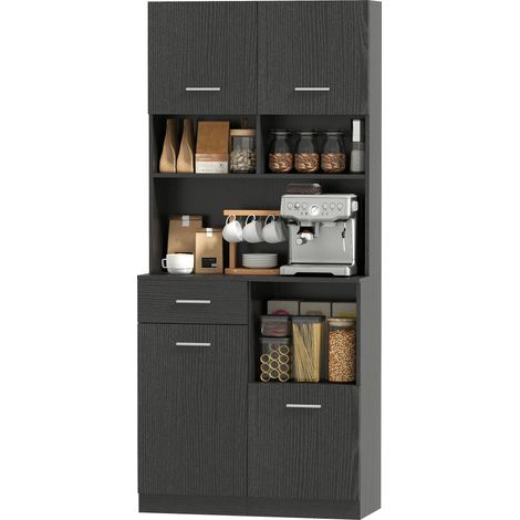 Armoire de cuisine, portes à fermeture douce, buffet avec tiroir, noir et 80 x 35 x 180 cm, rangement, intérieur (1/5)