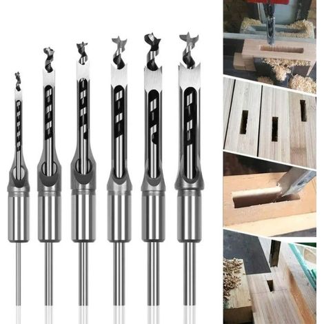 Set mit 6 Vierkant-Holzbohrern, Hohlmeißeln aus Stahl, Holzbearbeitungswerkzeugset, Vierkant-Holzbohrer, Zapfenbohrer