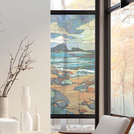 Stickers décoratifs électrostatique, plage, sable, mer, rochers, effet vitrail, 150 cm X 67,5 cm (1/2)