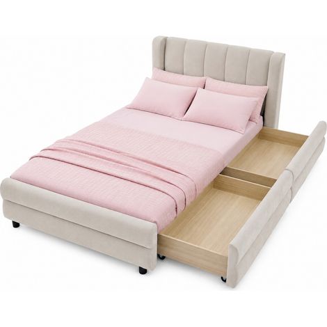 Einzelbett 90 x 200 cm aus Chenille, 2 Schubladen, USB und Type-C, ohne Matratze, Beige (1/5)