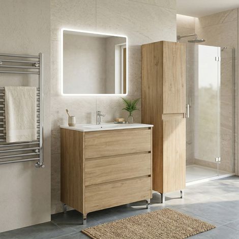 Ensemble meuble vasque L.80cm + 1 colonne sur pied 3 tiroirs Chêne naturel LISBONA (1/5)