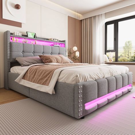 Lit coffre 160x200 cm gris clair en lin, LED multicolore, USB, tête de lit avec rangements, rangement hydraulique, sommier 12 lattes inclus (1/5)