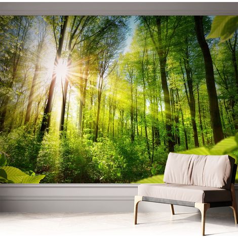 Papier peint adhésif autocollant pour salon chambre à coucher peint imprimé Installation facile Lumière de la forêt 312x219 cm (1/5)