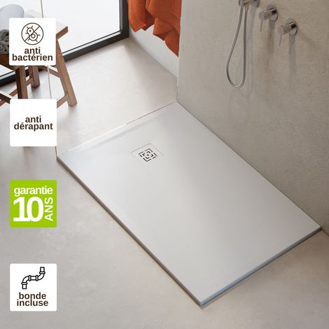 Receveur de douche 100x80 extra-plat Blanc en résine minérale antidérapant effet pierre - Haldor LAVABERG (1/5)