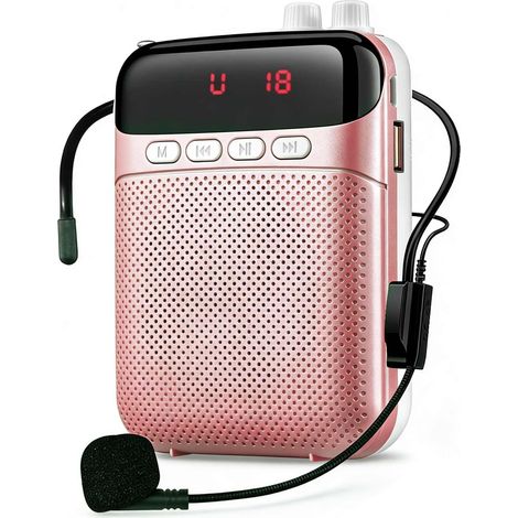 Amplificateur Vocal Portable pour Enseignants avec Bluetooth, Microphone-Casque Rechargeable de 2400 mAh et Ceinture, Haut-Parleur-Microphone Portable pour Enseignants,Salles de Classe Yoga(Rose) (1/5)