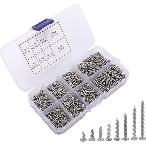 800 Pièces M2 Vis Autoperceuses à Tête Croisée, Vis Autotaraudeuse, Micro Vis à Tête Cylindrique, pour Plastique Bois Métal Mou (Vis Miniatures Argentées)