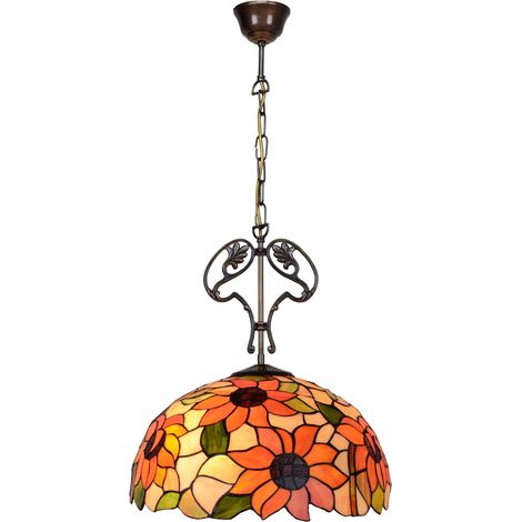 Lampe à suspension de plafond avec chaîne et ornement en fonte avec abat-jour Tiffany diamètre 40 cm Série Diamond
