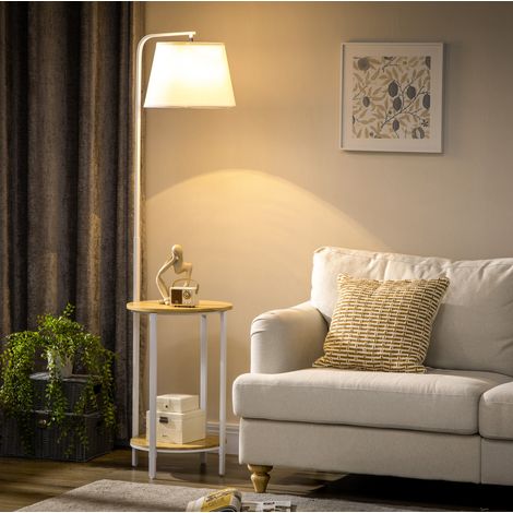Stehlampe 162 cm 40 W mit 2 Ablagen, Leinenschirm, weiß OKMYHOME (1/5)