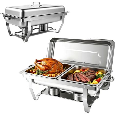 Juego de calentador de buffet, capacidad de 8 cuartos, material de acero inoxidable 316L, diseño rectangular, incluye 2 bandejas de comida de tamaño medio, apto para 8 personas. (1/5)