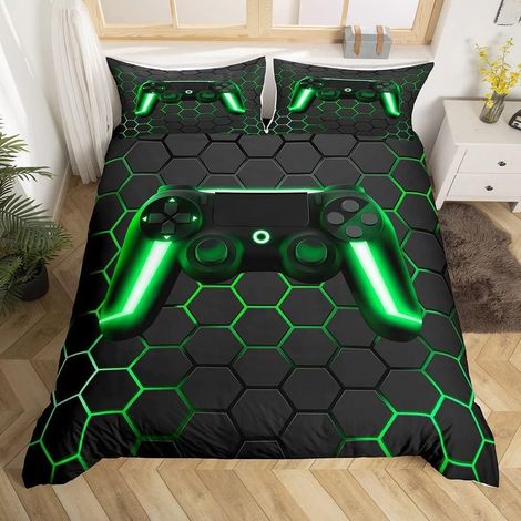 Ensembles de Literie 240 x 260 pour Garçons,Housse de Couette Gaming,Housse Couette Gamer pour Enfants,Parure de Lit Manette de Jeu Neon Lights pour Les Ados,Literie Géométrie Nid D'Abeille Hexagone - (1/5)