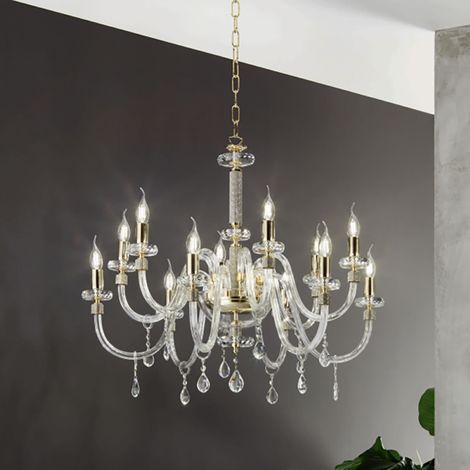 Lampada a sospensione DIDO D83 cm in vetro trasparente lavorato a mano 12 LUCI ORO (1/2)