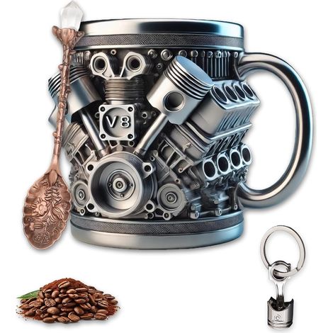 V8 Motors Edelstahlbecher – Edelstahl-Kaffeebecher – 3D-Motordesign – Retro – Inklusive 1 Blattlöffel und 1 Schlüsselanhänger – Geeignet für Zuhause, Studio und Reisen