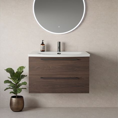 Napoli 390 Brown Oak 800mm Wall Mounted 2 Drawer Vanity Unit with Arc Basin - 800mm - Gunmetal Grey 480mm Handle