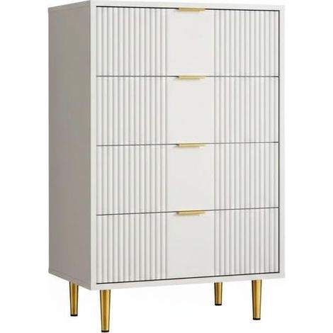 Commode 4 tiroirs haute en bois façade cannelée 40P x 94L x 78H cm, poignées métal rangement chambre salon couloir - blanc