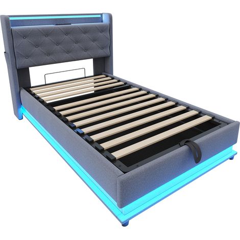 Cama infantil tapizada 90 x 200 cm en lino gris con LED, USB y arcón (1/5)