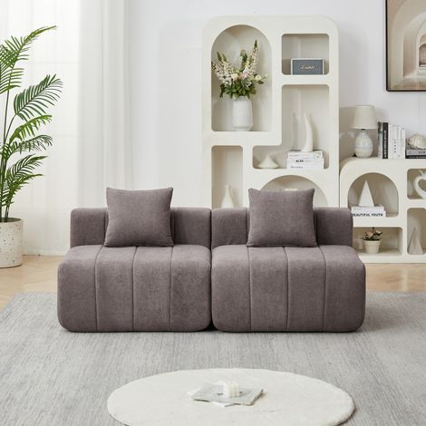 Canapé modulable en chenille gris, 2 coussins, design symétrique, style piano (1/5)