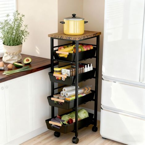 Chariot de cuisine avec roulettes, 5 niveaux, étroit, avec tiroirs extensibles, roues pivotantes à 360° avec frein, pour petites pièces, cuisine, salle de bain, salon, bureau, noir (1/5)