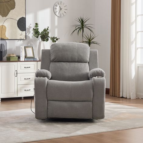 Fauteuil relax électrique pivotant 360° clair avec massage chauffant, dossier et repose-pieds réglables, poches latérales et porte-gobelet , Gris