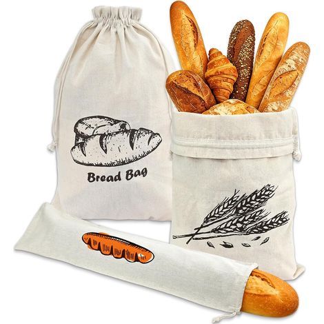 Ensemble de 3 sacs à pain en lin JeiibrZui - 2 sacs de 45 x 30 cm et 1 sac de 16 x 64 cm - Sac à pain réutilisable avec cordon de serrage pour baguettes et petits pains - Porte-pain en lin naturel pou (1/5)