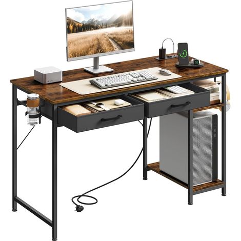 WOLTU Scrivania per Computer con Prese di Scrivania con Portabicchieri e Gancio e 2 Casetti Marrone Rustico