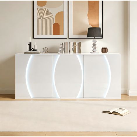 Sideboard per soggiorno 150x40x70 cm, con 3 ante, illuminazione LED, struttura autoportante, pannello truciolare bianco (1/5)