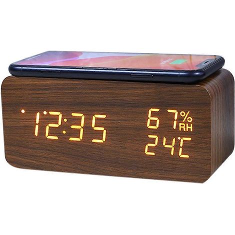 Digitaler Wecker, Temperatur- und Feuchtigkeitsalarm, LED-Uhr, kabelloses Smartphone-Ladegerät (braun) (1/5)