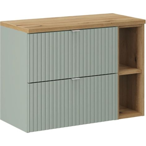 Insieme ELVINA 80cm: mobile sottolavabo con cassetti verdi e nicchie a vista + piano per lavabo effetto legno scuro