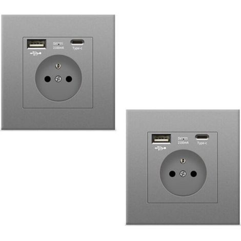 2 prise murale grise avec USB et Type C, prise de courant en verre, 5v, 2100mA