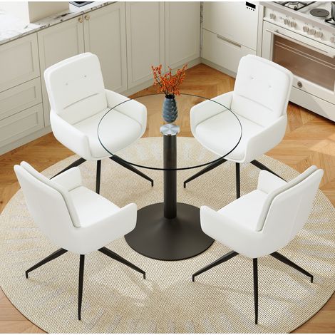 Ensemble salle a manger en verre trempe et metal, noir et blanc, 4 places, chaises pivotantes 360° (1/5)