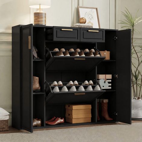 Meuble à chaussures moderne – Étagères réglables – Poignées dorées – 2 tiroirs + 2 portes – Noir – 120 × 24 × 107 cm – Pour entrée, couloir ou dressing