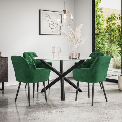 Malvern Round Dining Table And Chairs -  Clear Glass Table Top w Solid Black Oak Legs + Anika Velvet Dining Chair Set Of 4 (Green) (1/5)