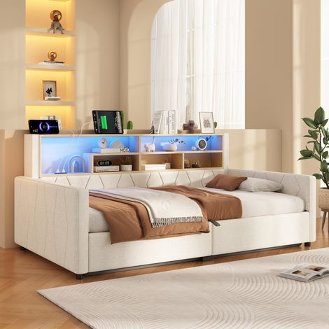 Lit Coffre Hydraulique 90x200 cm avec Rangement, Tête de Lit avec Étagère, LED Multicolore, USB-C, USB et Prise Intégrée - Lin Beige (1/5)