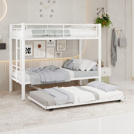 Lit superposé 90x190 en métal, 3 couchages, avec barrières de sécurité, design stable et silencieux blanc (1/5)