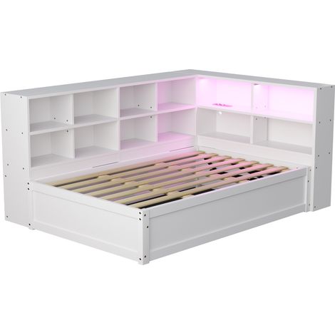 Canapé-lit 90200, avec multiprise et plusieurs compartiments de rangement, avec bande lumineuse, lit hydraulique, lit en bois massif, lit simple, lit multifonctionnel en bois, blanc. (1/5)