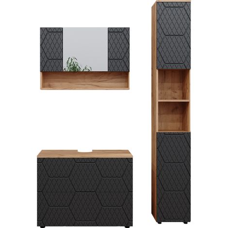 Meubles bain Irma, Anthracite avec structure en nid d'abeille, 3 pièces, avec armoire de toilette 80 cm, Vicco