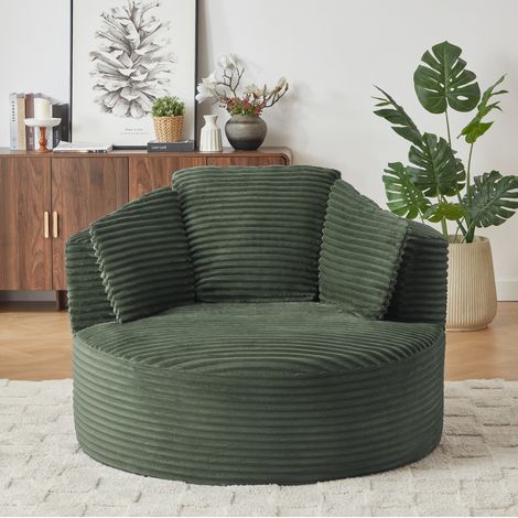 Fauteuil rond profond vert en velours côtelé avec dossier ergonomique (1/5)