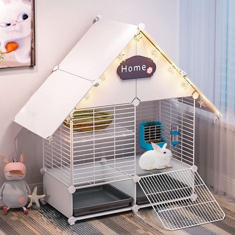 2 Niveaux Cage pour Lapins avec 2 Plateaux coulissants Profonds et Protection Contre l'urine, Grande Cage pour Cochon d'Inde avec Grillage métallique, Maison pour Furet,75×39×90cm, Blanc (1/5)